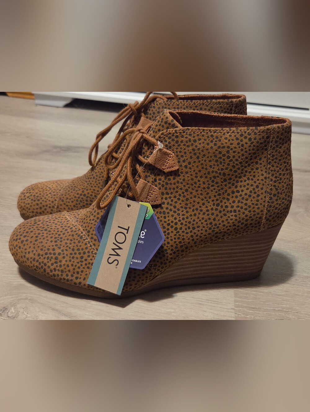 TOMS Brown Suede Lace-Up Wedge Ankle Booties with Dot Texture